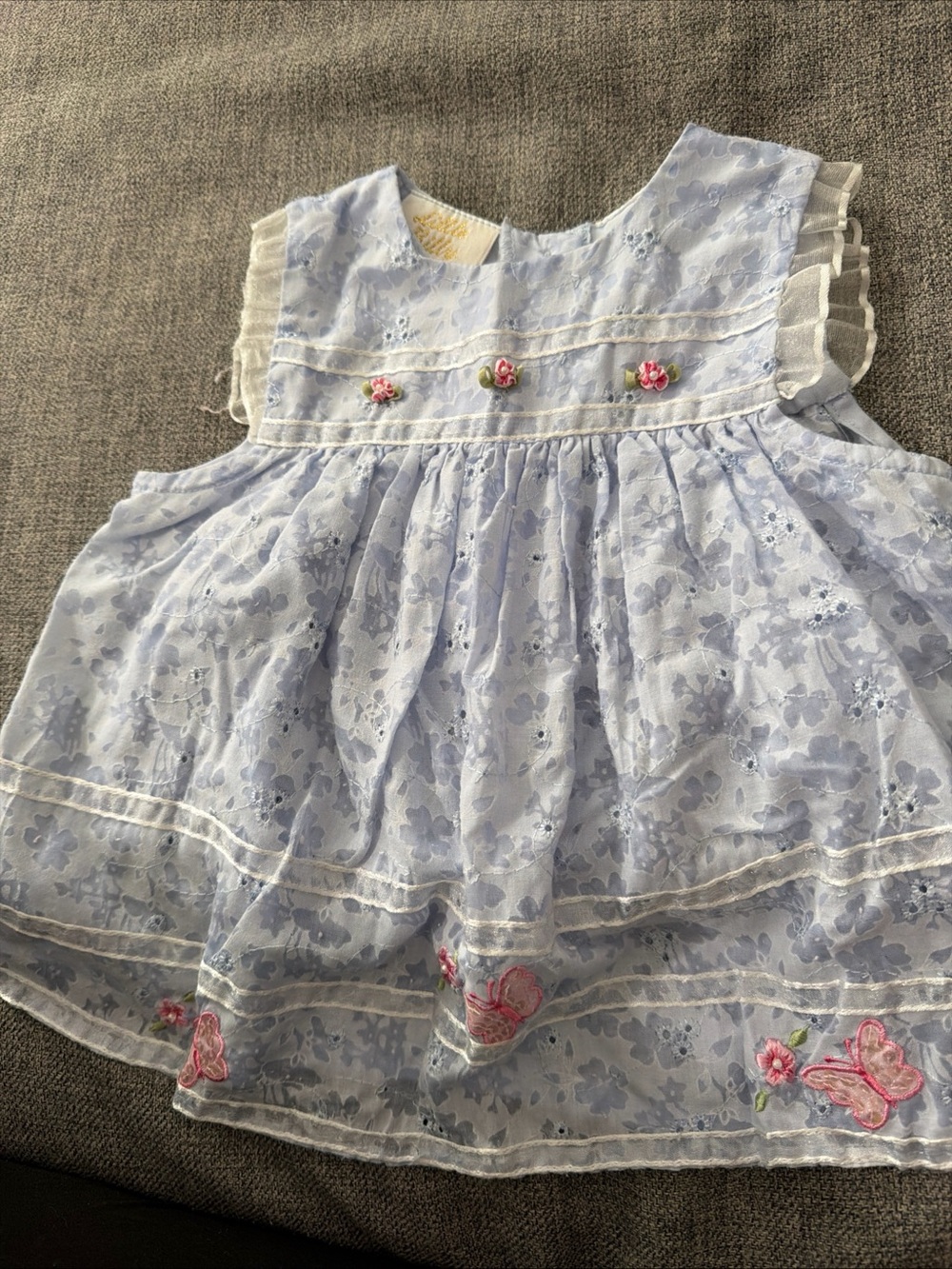 Little Bitty Light Blue Eyelet Floral Casual Dress Pink Sparkly Butterflies 6/9m